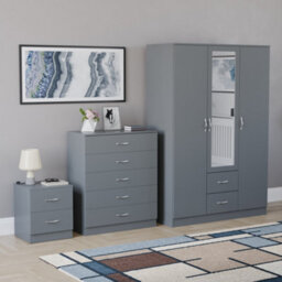 Lassic Vida Designs Riano 3 Piece Bedroom Set (2 Drawer Bedside Chest, 5 Drawer Chest, 3 Door 2 Drawer Mirrored Wardrobe), Grey - thumbnail 6