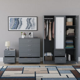 Lassic Vida Designs Riano 3 Piece Bedroom Set (2 Drawer Bedside Chest, 5 Drawer Chest, 3 Door 2 Drawer Mirrored Wardrobe), Grey - thumbnail 2