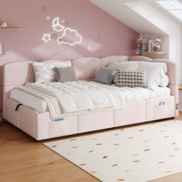 Matteo Pink Velvet Single Daybed With Hydraulic Storage & Usb Charging - 90X190Cm, Ideal For Kids & Guests - thumbnail 2