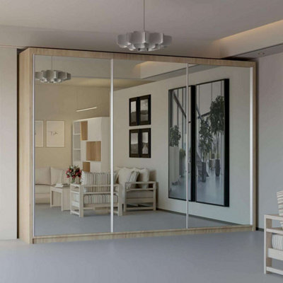Sliding Wardrobes 4 u LTD Double Mirror Sliding Door Wardrobe Sleek Design Comes In Width 90/100/120/150/180/203/250Cm(Oak W250Cm X H217Cm) - image 1