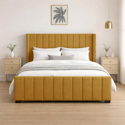 Naples Upholstered Mustard Vertical Line Double Bed Frame, Modern Luxury Floor-Standing Headboard & Footboard - image 1
