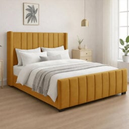 Naples Upholstered Mustard Vertical Line Double Bed Frame, Modern Luxury Floor-Standing Headboard & Footboard - thumbnail 2