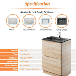 Plum&clay Eden Light Oak Floorstanding Vanity Unit With Grey Glass Basin (W)600mm - thumbnail 7