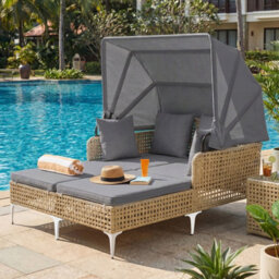 Costway Outdoor Daybed With Retractable Canopy Pe Rattan Wicker Double Lounger Bed-Grey - thumbnail 1