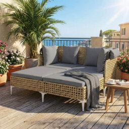 Costway Outdoor Daybed With Retractable Canopy Pe Rattan Wicker Double Lounger Bed-Grey - thumbnail 4