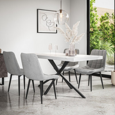 More4Homes Donni Dining Table And Chairs -  White Marble Effect Table Top W Black Legs + Nova Velvet Dining Chair Set Of 6 (Grey)