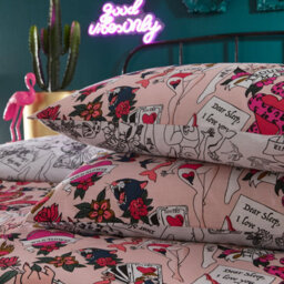 Furn. Inked Tattoo Inspired Reversible Duvet Cover Set, Single, Pink - thumbnail 4