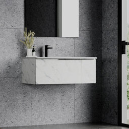 Banyetti Siena 800mm Wall Hung Vanity Unit With Matt Black Handles - Carrara Marble - thumbnail 2