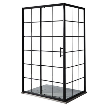 Homestylestore Black Grid Sliding Door Corner Shower Enclosure And Light Grey Slate Effect Tray 1400 X 800mm - image 1