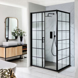 Homestylestore Black Grid Sliding Door Corner Shower Enclosure And Light Grey Slate Effect Tray 1400 X 800mm - thumbnail 2