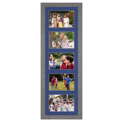 AK Frames 26X8 Marble Grey Modern Multi Photo Frame With Blue Mount - Holds 5 Apertures (5X) 6X4 Photos - image 1