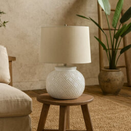 Wyld Haus Lautrec Geometric Dot White Ceramic Lamp With Cream Linen Shade