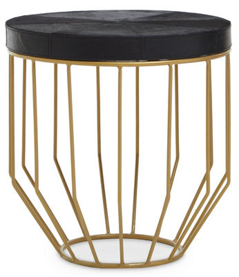 Orsina Round Side Table, Black Hair On Hide Leather Top, Gold Iron Geometric Frame, Modern Luxe Accent Table - image 1