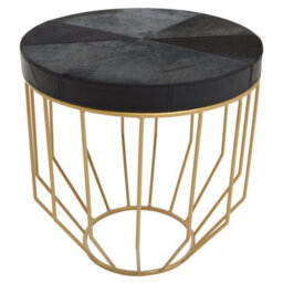 Orsina Round Side Table, Black Hair On Hide Leather Top, Gold Iron Geometric Frame, Modern Luxe Accent Table - thumbnail 2