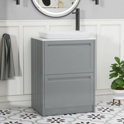 Royal Bathrooms Royal Bathroom Elmore 600mm Matt Pebble Grey Freestanding Bathroom Vanity Unit 2 Drawer Plain White Worktop With Qubix Basin - thumbnail 1
