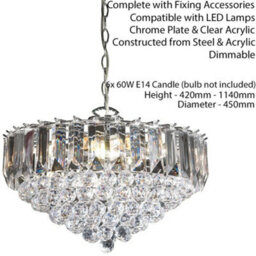 6 Light Chandelier Pendant Chrome Clear Shade Hanging Ceiling Feature Lamp Bulb - thumbnail 2