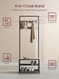 LEDREM Coat Rack With Shoe Storage, Hall Tree, Coat Stand With Shoe Bench, 9 Movable Hooks, Top Bar, 32.2 X 64 X 180 Cm - thumbnail 1