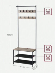 LEDREM Coat Rack With Shoe Storage, Hall Tree, Coat Stand With Shoe Bench, 9 Movable Hooks, Top Bar, 32.2 X 64 X 180 Cm - thumbnail 9