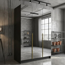 Calia Iii Sliding Wardrobe Contemporary Mirror Wood Finish Contoured Door Edge Internal Shelves Hanging Rail Black Gold