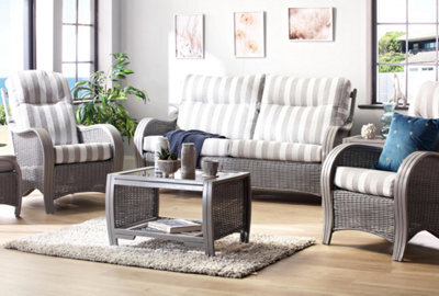 Desser Turin Grey 3 Seater Sofa & 2 Armchairs Indoor Real Cane Rattan Conservatory Suite With Uk Sewn Duke Grey Stripe Cushions