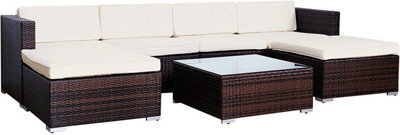 Evre Brown Nevada 6 Seater Rattan Outdoor Garden Furniture Modular Sofa Patio Set With Heavy Glass Coffee Table & Thick Cushions - image 1