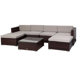Evre Brown Nevada 6 Seater Rattan Outdoor Garden Furniture Modular Sofa Patio Set With Heavy Glass Coffee Table & Thick Cushions - thumbnail 2