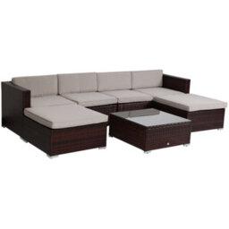 Evre Brown Nevada 6 Seater Rattan Outdoor Garden Furniture Modular Sofa Patio Set With Heavy Glass Coffee Table & Thick Cushions - thumbnail 3