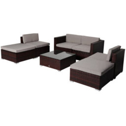 Evre Brown Nevada 6 Seater Rattan Outdoor Garden Furniture Modular Sofa Patio Set With Heavy Glass Coffee Table & Thick Cushions - thumbnail 7