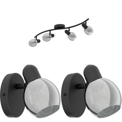 Modern Quad Ceiling Spot Light With Black Vaporized Glass Shade And Matching Wall Lights - image 1