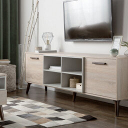 Beliani Tv Stand Light Brown Grey For Up To 78 Inch Tv, 2 Cabinets, W180 X D40 X H60 Cm - thumbnail 2