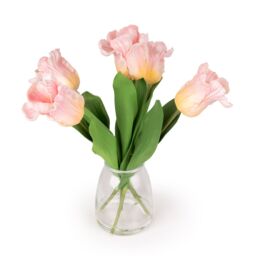 Candlelight Pink & Green 42Cm Tulip Artificial Floral Arrangement In Clear Soft Touch Glass Vase - thumbnail 2