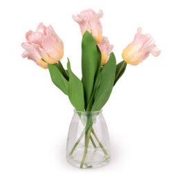 Candlelight Pink & Green 42Cm Tulip Artificial Floral Arrangement In Clear Soft Touch Glass Vase
