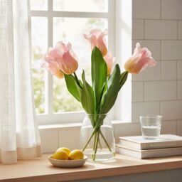 Candlelight Pink & Green 42Cm Tulip Artificial Floral Arrangement In Clear Soft Touch Glass Vase - thumbnail 3