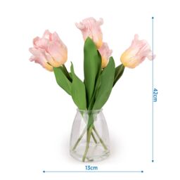 Candlelight Pink & Green 42Cm Tulip Artificial Floral Arrangement In Clear Soft Touch Glass Vase - thumbnail 4