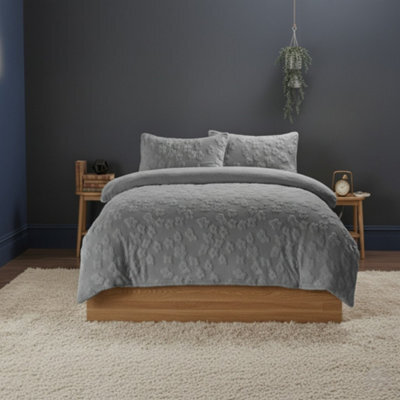 Ultra Soft Teddy Duvet Cover Set Daisy Embossed Cozy Fleece Bedding Silver - image 1