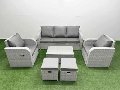 Fimous Pe Rattan Garden Furniture Set Reclining Chair Lounge Sofa Set Oblong Coffee Table 2 Small Stools Light Grey - image 1