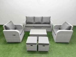 Fimous Pe Rattan Garden Furniture Set Reclining Chair Lounge Sofa Set Oblong Coffee Table 2 Small Stools Light Grey - thumbnail 2