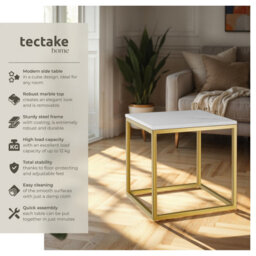 Tectake Side Table Alysia With Marble-Look Tabletop And Steel Frame In Square Design - White/gold - thumbnail 2