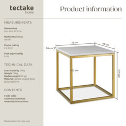 Tectake Side Table Alysia With Marble-Look Tabletop And Steel Frame In Square Design - White/gold - thumbnail 6