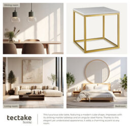 Tectake Side Table Alysia With Marble-Look Tabletop And Steel Frame In Square Design - White/gold - thumbnail 5