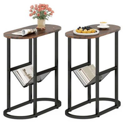 2 Tier Oval End Table Narrow Side Table Set Of 2 W/magazine Holder - image 1