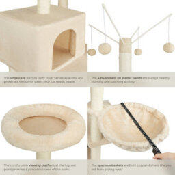 Tectake Cat Tree Lilou - 165 Cm Tall, Sisal Scratching Post, Toys & Anti-Tip Protection - Beige - thumbnail 4