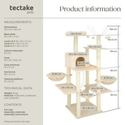 Tectake Cat Tree Lilou - 165 Cm Tall, Sisal Scratching Post, Toys & Anti-Tip Protection - Beige - thumbnail 6