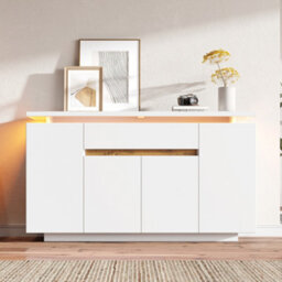 Abrihome Modern Led Sideboard With 1 Drawer And 4 Doors Storage Cabinet, White And Natural Finish, Perfect For Living Room Hallway Kitchen - thumbnail 5