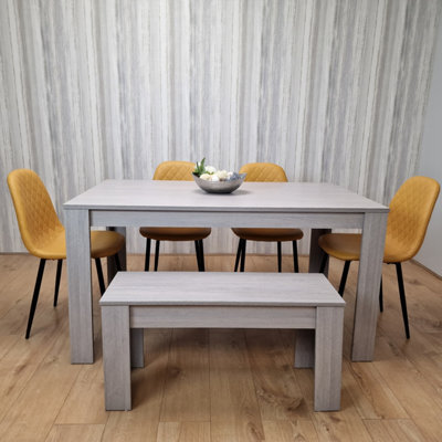Kosy Koala Grey Dining Table Set With 4 Diamond Stitched Mustard Chairs And 1 Bench - image 1
