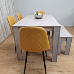 Kosy Koala Grey Dining Table Set With 4 Diamond Stitched Mustard Chairs And 1 Bench - thumbnail 2