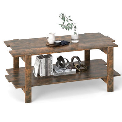 Costway 2-Tier Coffee Table Slatted Wood Center Table With Storage Shelf-Walnut - image 1