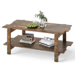 Costway 2-Tier Coffee Table Slatted Wood Center Table With Storage Shelf-Walnut - thumbnail 3