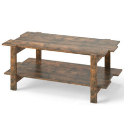 Costway 2-Tier Coffee Table Slatted Wood Center Table With Storage Shelf-Walnut - thumbnail 2