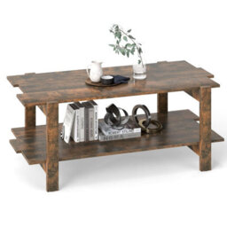 Costway 2-Tier Coffee Table Slatted Wood Center Table With Storage Shelf-Walnut - thumbnail 1